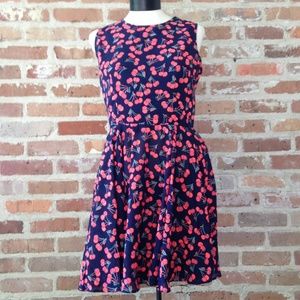Cherry Print Sleeveless Blue Mini Dress Medium